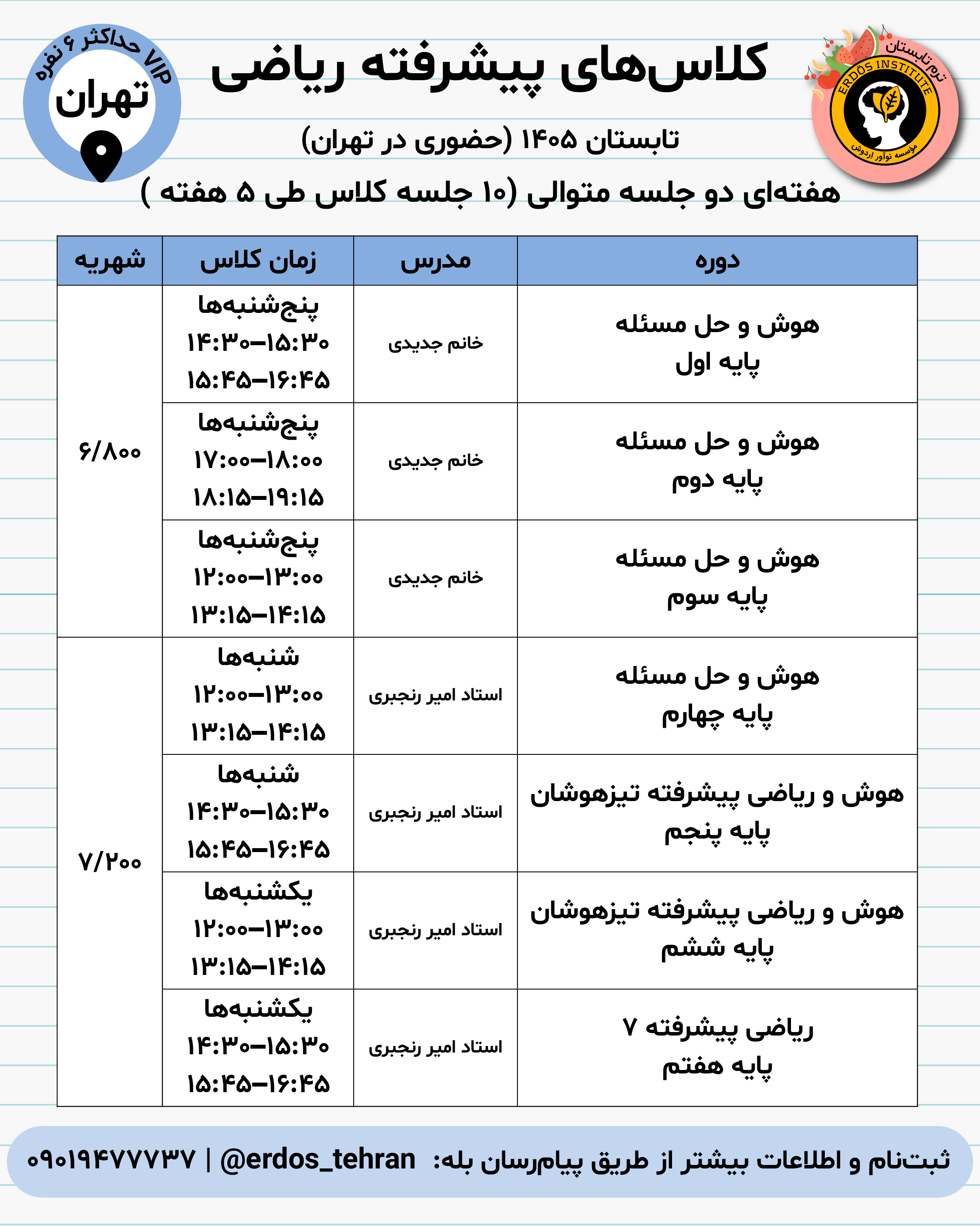 کلاسهای حضوری ریاضی تهران ترم تابستان1405